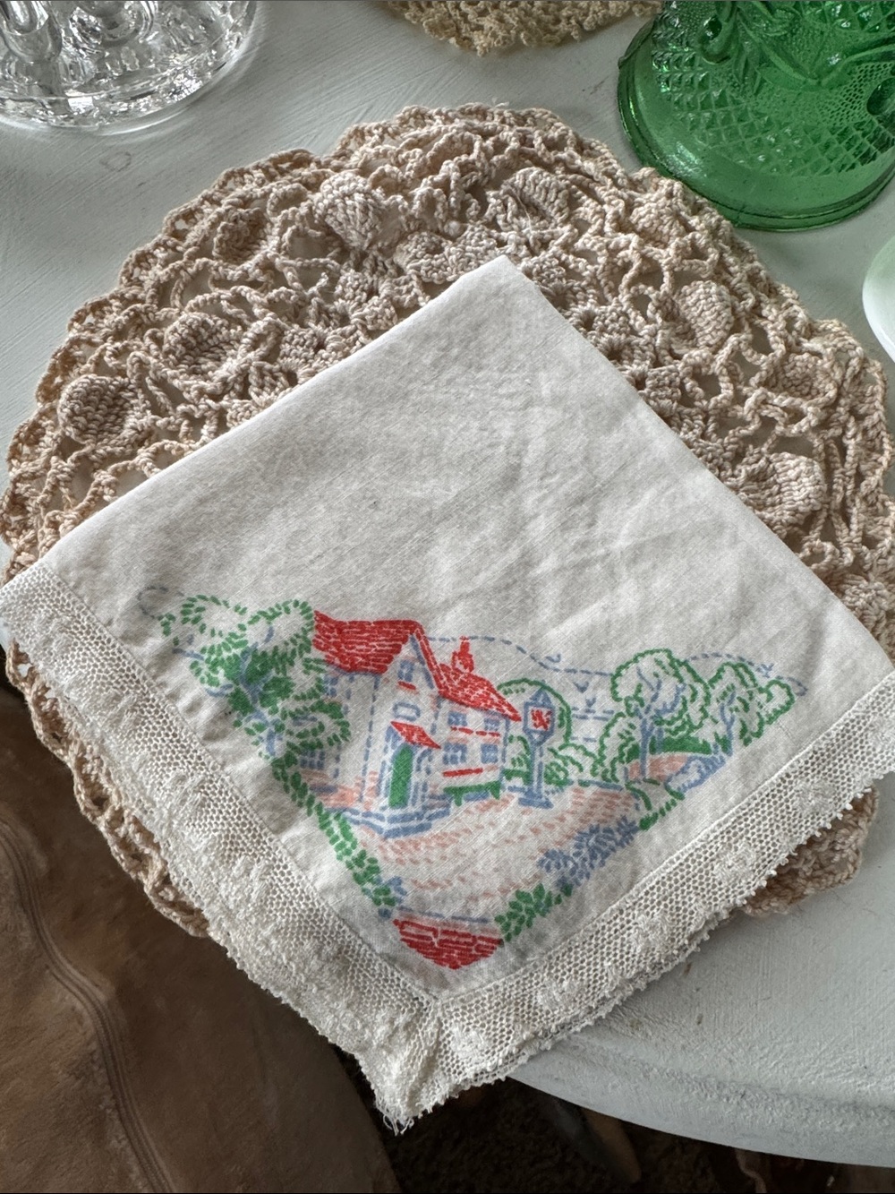 Vintage Embroidered Linen Handkerchief with Cottage Scene - Red & Green
